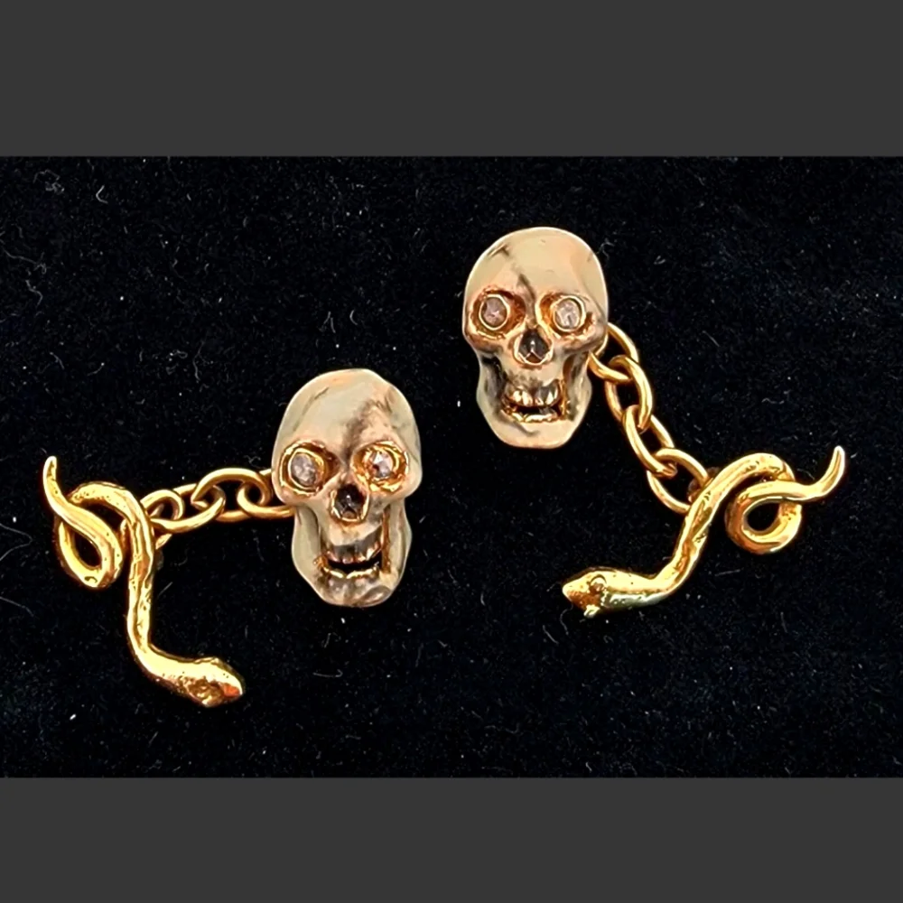 Antique Snake Skull Enamel Diamond Cuff Links 14K Yellow Gold-Estate Jewelry 10g
